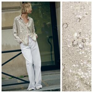NWT. Zara Silver Sequined Collared Shirt with V-neck. Size L.